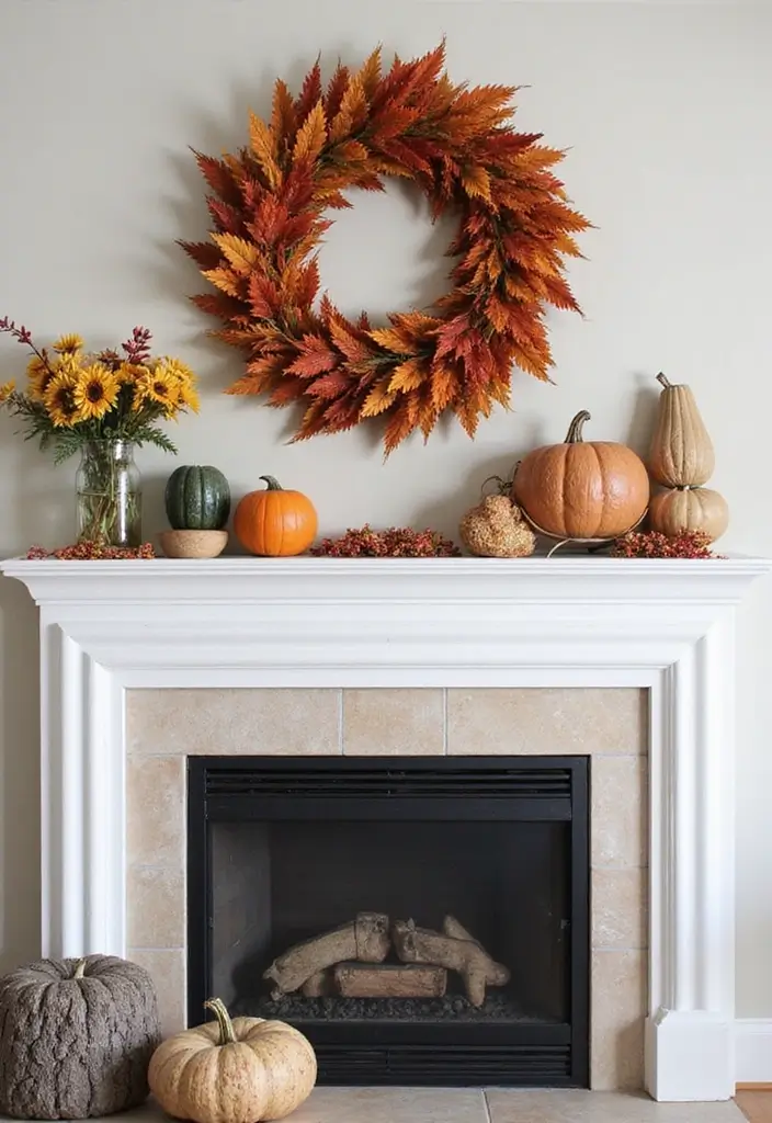 55+ Fall Mantel Decor Ideas for a Cozy Home - 16. Hearty Wreaths