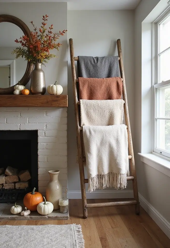 55+ Fall Mantel Decor Ideas for a Cozy Home - 18. Cozy Blanket Ladder