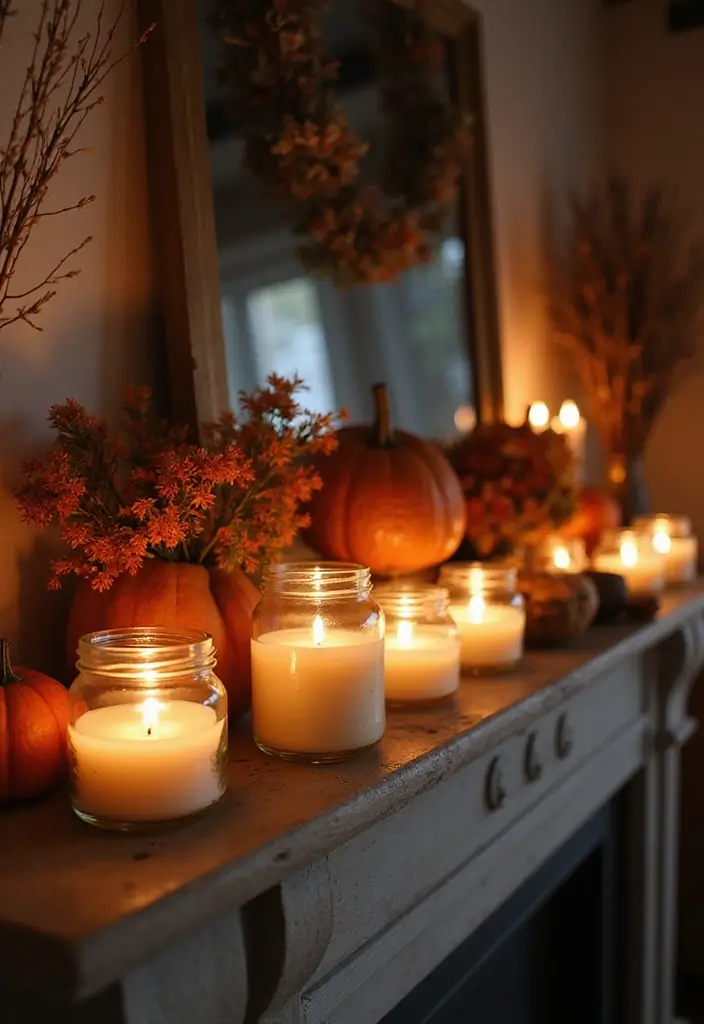 55+ Fall Mantel Decor Ideas for a Cozy Home - 38. Cozy Candles in Jars