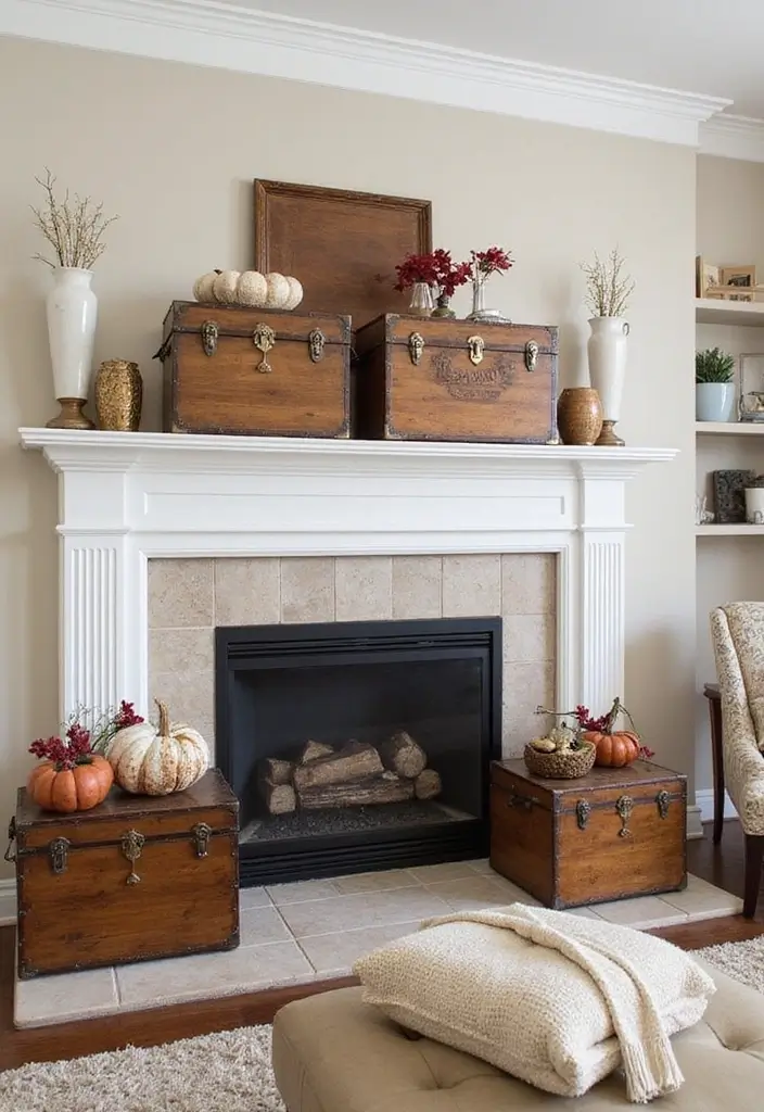 55+ Fall Mantel Decor Ideas for a Cozy Home - 39. Vintage Trunks and Boxes