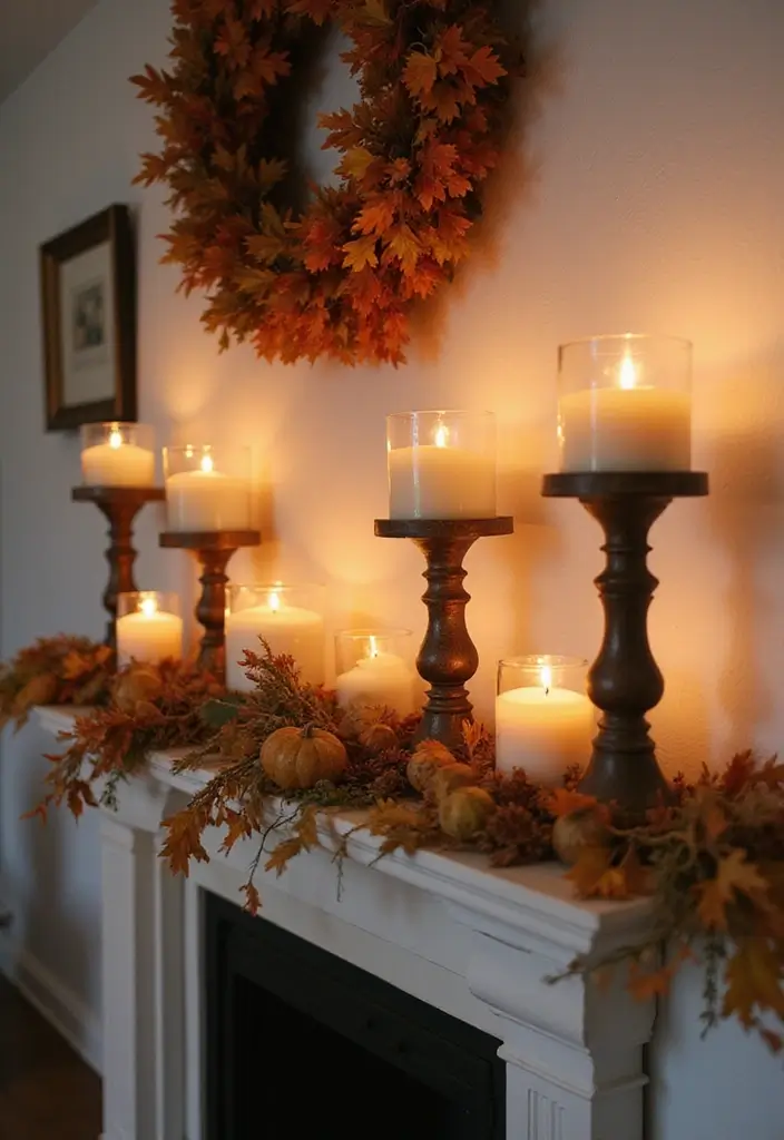 55+ Fall Mantel Decor Ideas for a Cozy Home - 43. Rustic Candle Holders