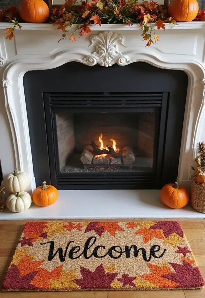 55+ Fall Mantel Decor Ideas for a Cozy Home - 44. Seasonal Welcome Mats