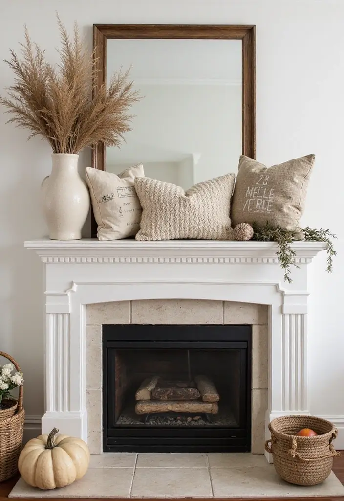 55+ Fall Mantel Decor Ideas for a Cozy Home - 50. Seasonal Pillows and Cushions