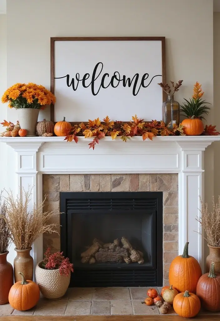 55+ Fall Mantel Decor Ideas for a Cozy Home - 55. Festive Seasonal Welcome Signs