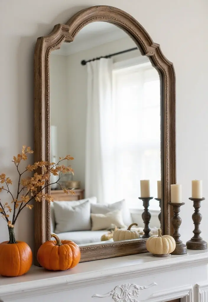 55+ Fall Mantel Decor Ideas for a Cozy Home - 6. Layered Mirror Effect