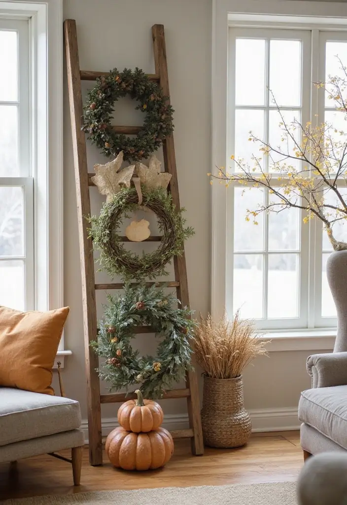 56+ Dollar Tree Fall Decor Hacks for Budget-Friendly Style - 18. Rustic Ladder Display