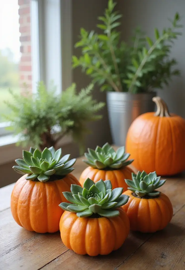 56+ Dollar Tree Fall Decor Hacks for Budget-Friendly Style - 49. DIY Succulent Pumpkin Planters