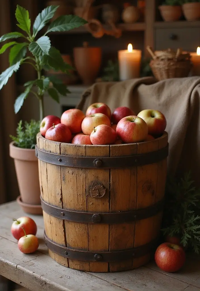 57+ Fall Kitchen Decor Ideas for a Seasonal Refresh - 20. Apple Barrel Storage