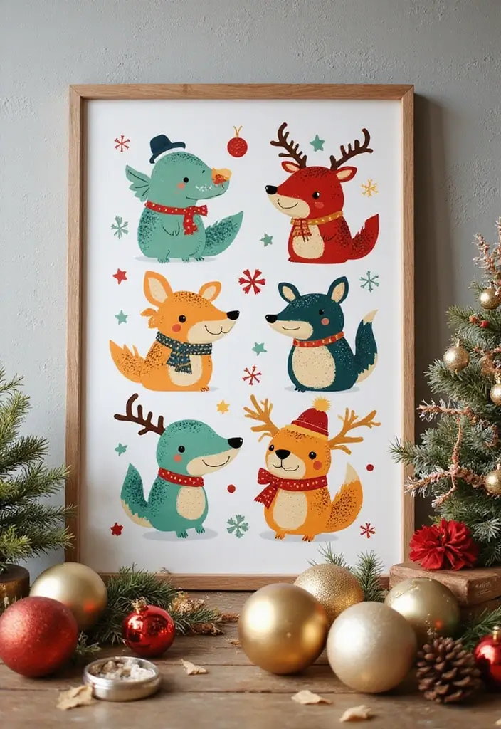 58+ Christmas Wall Art Ideas to Brighten Your Holidays - 22. Holiday Spirit Animal Illustrations