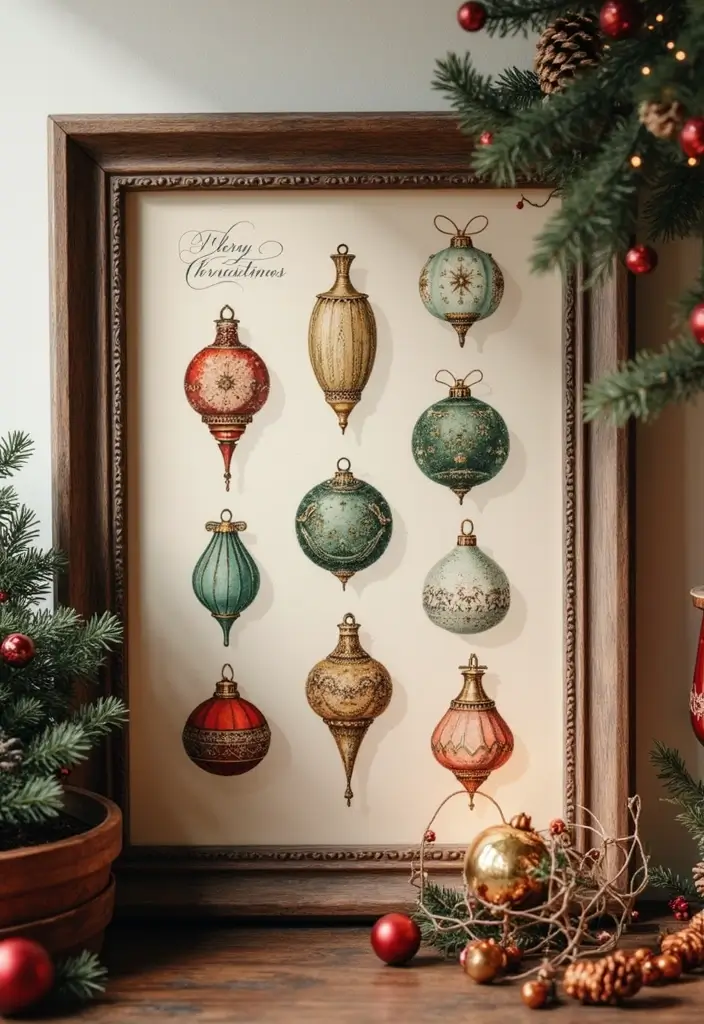 58+ Christmas Wall Art Ideas to Brighten Your Holidays - 36. Vintage Christmas Ornament Illustrations