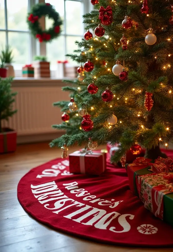 58+ Christmas Wall Art Ideas to Brighten Your Holidays - 50. Festive Tree Skirt Art