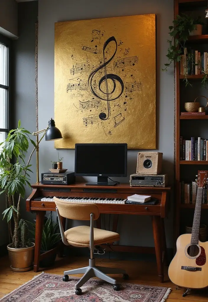59+ Gold Wall Art Ideas for a Luxurious Touch - 21. Gold Music Art