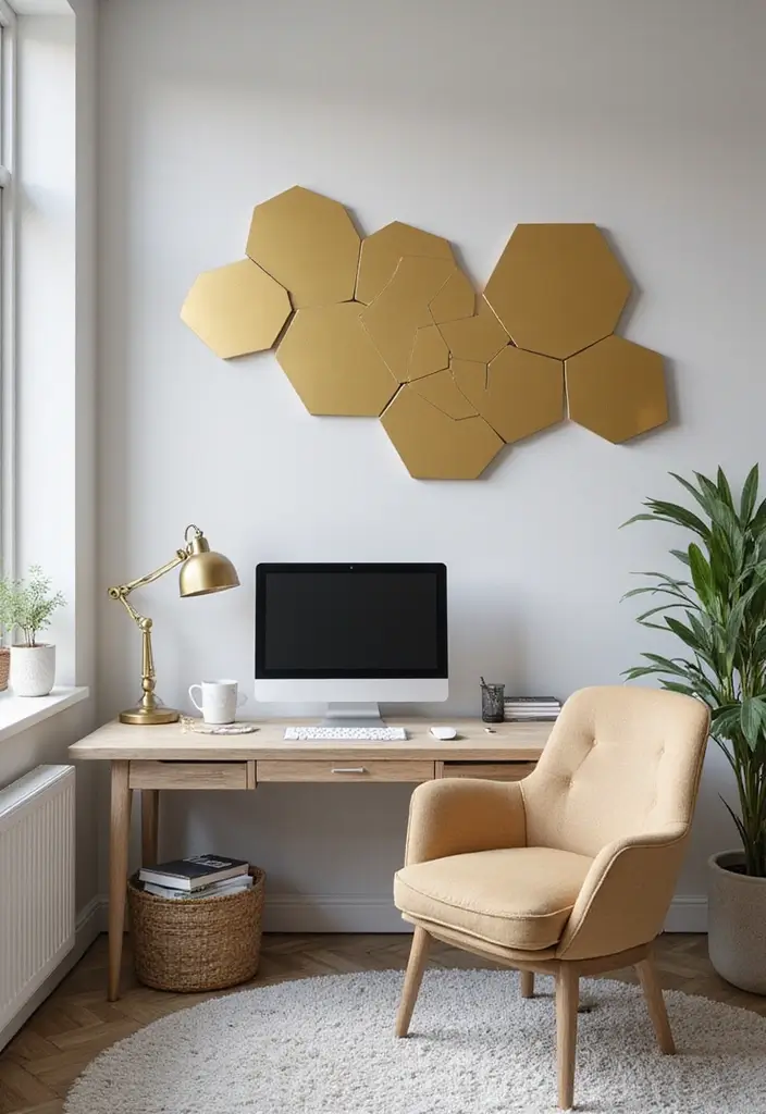 59+ Gold Wall Art Ideas for a Luxurious Touch - 37. Gold Hexagonal Wall Art