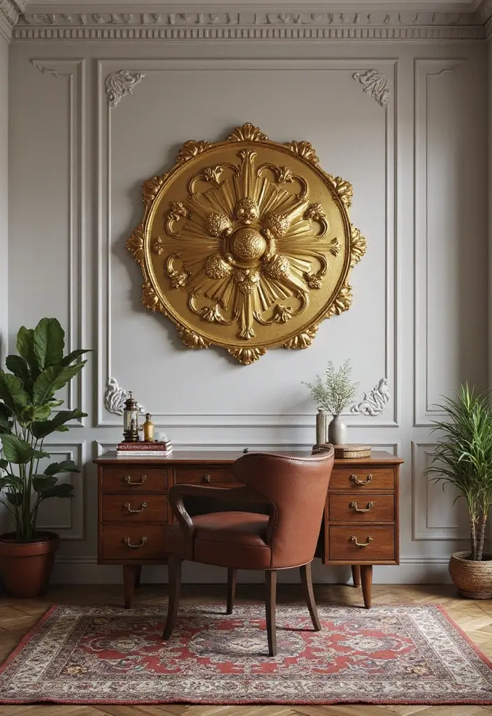 59+ Gold Wall Art Ideas for a Luxurious Touch - 49. Gold Emblem Wall Art