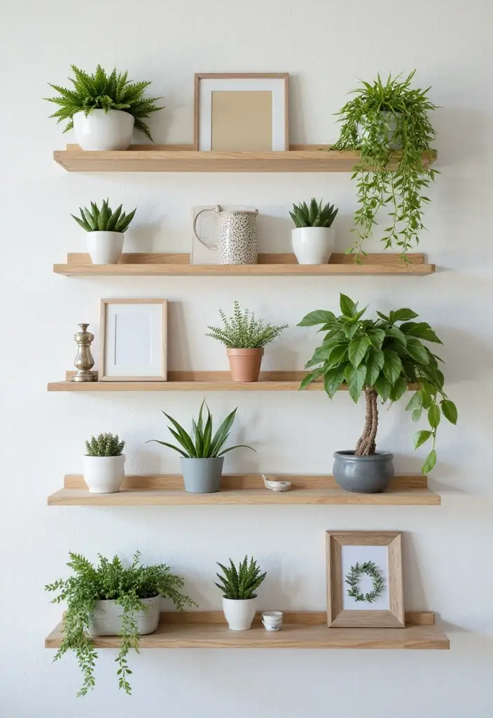60+ Green Wall Art Ideas to Bring Nature Indoors - 26. Wall Shelves with Greenery