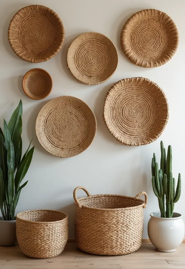 60+ Green Wall Art Ideas to Bring Nature Indoors - 32. Nature-Themed Woven Baskets