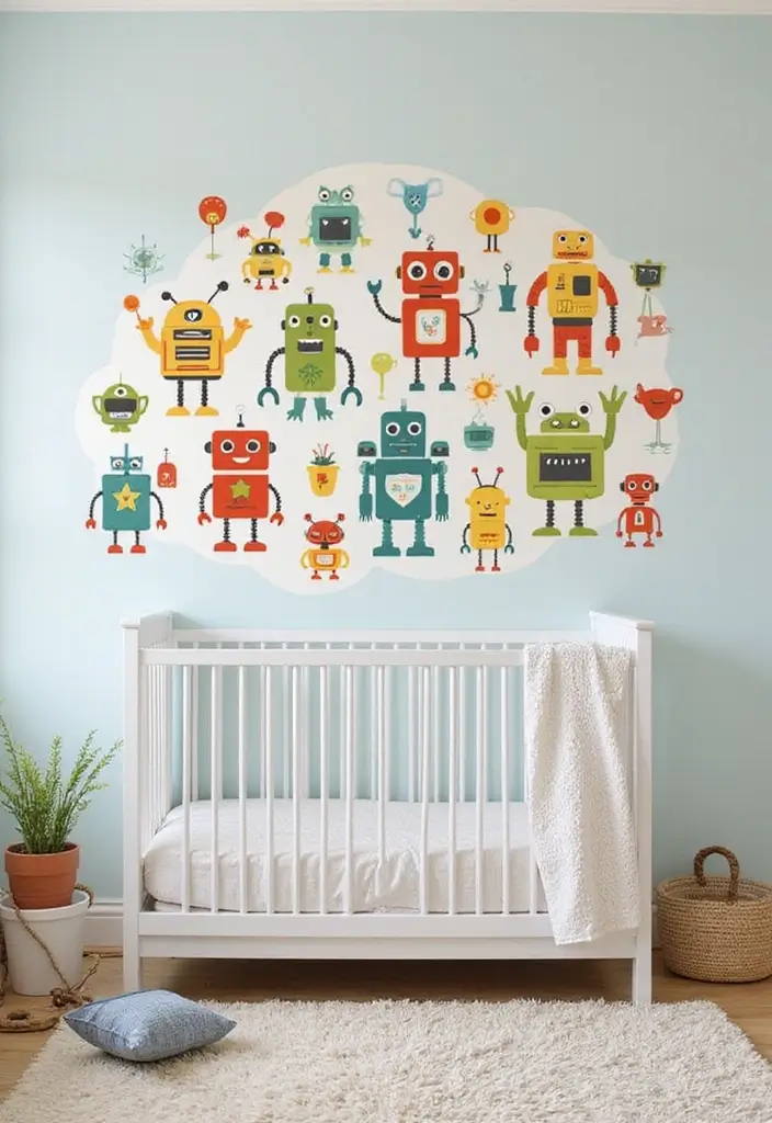 61+ Nursery Wall Art Ideas for a Whimsical Space - 42. Playful Robot Art
