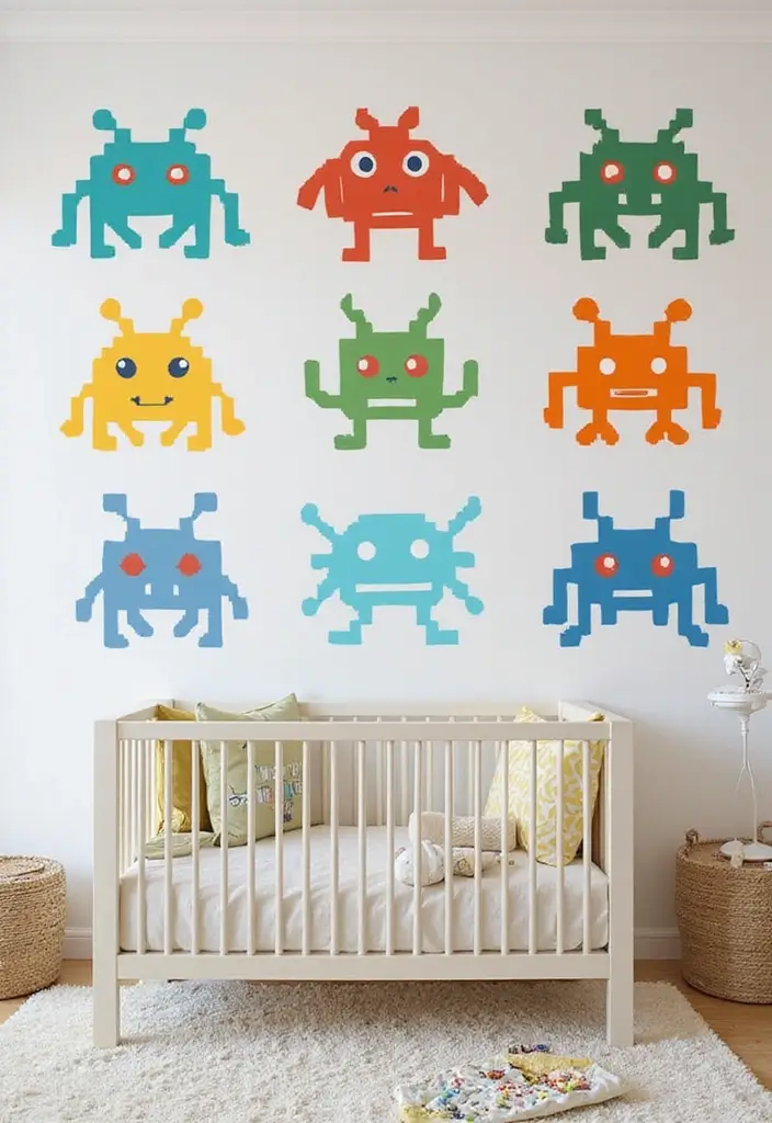 61+ Nursery Wall Art Ideas for a Whimsical Space - 47. Playful Space Invaders