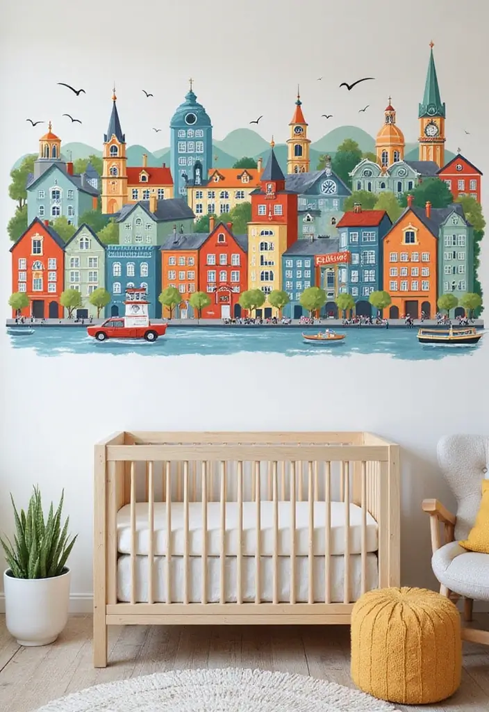 61+ Nursery Wall Art Ideas for a Whimsical Space - 58. Colorful Cityscape Art