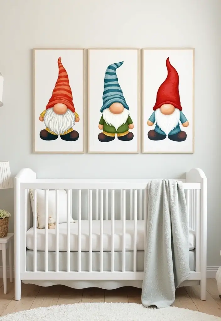 61+ Nursery Wall Art Ideas for a Whimsical Space - 60. Cheerful Garden Gnomes