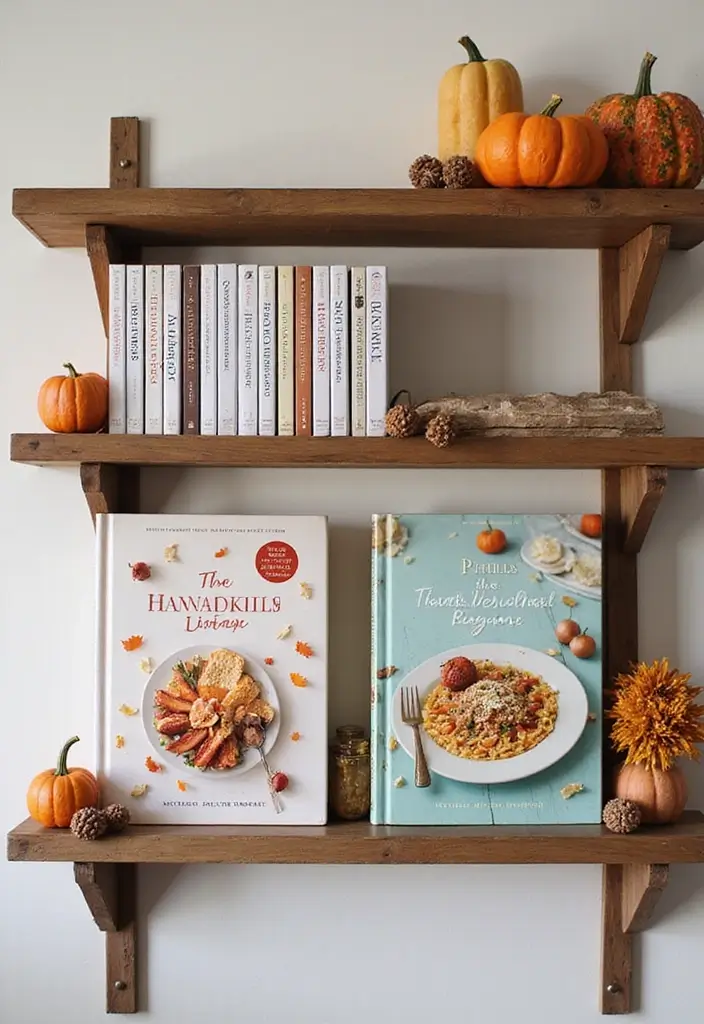 25 Cozy Fall Decor Ideas for Your Kitchen This Season - 19. Seasonal Cookbooks Display