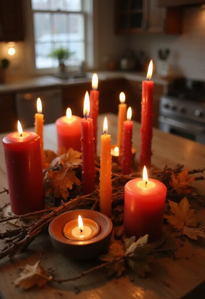 25 Cozy Fall Decor Ideas for Your Kitchen This Season - 5. Warm Candle Displays