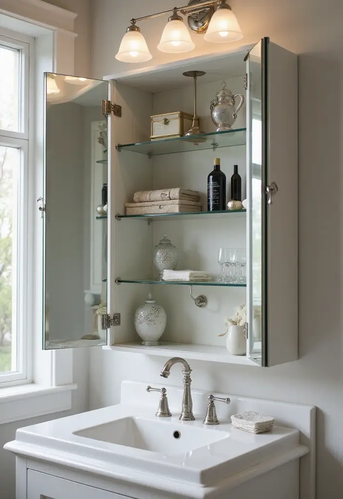 25 Space-Saving Bathroom Mirror Cabinets for Smart Storage - 16. Mirrored Cabinet with Open Shelving