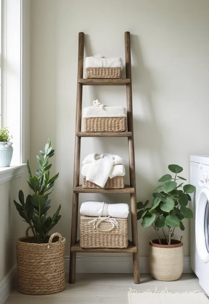 26 Laundry Room Storage Ideas to Maximize Your Space - 14. Decorative Ladder Storage