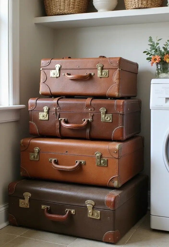 26 Laundry Room Storage Ideas to Maximize Your Space - 19. Vintage Suitcases for Storage