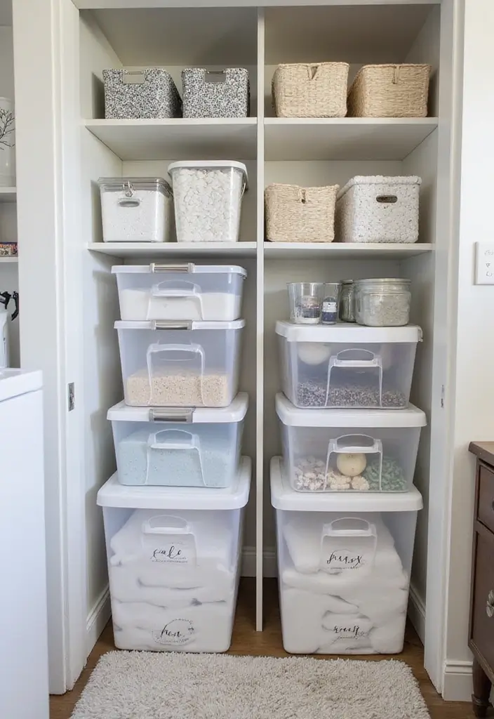 26 Laundry Room Storage Ideas to Maximize Your Space - 25. Clear Storage Bins
