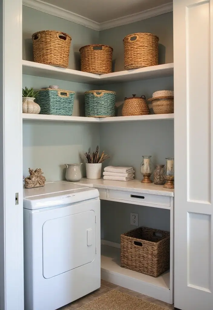 26 Laundry Room Storage Ideas to Maximize Your Space - 8. Corner Shelves