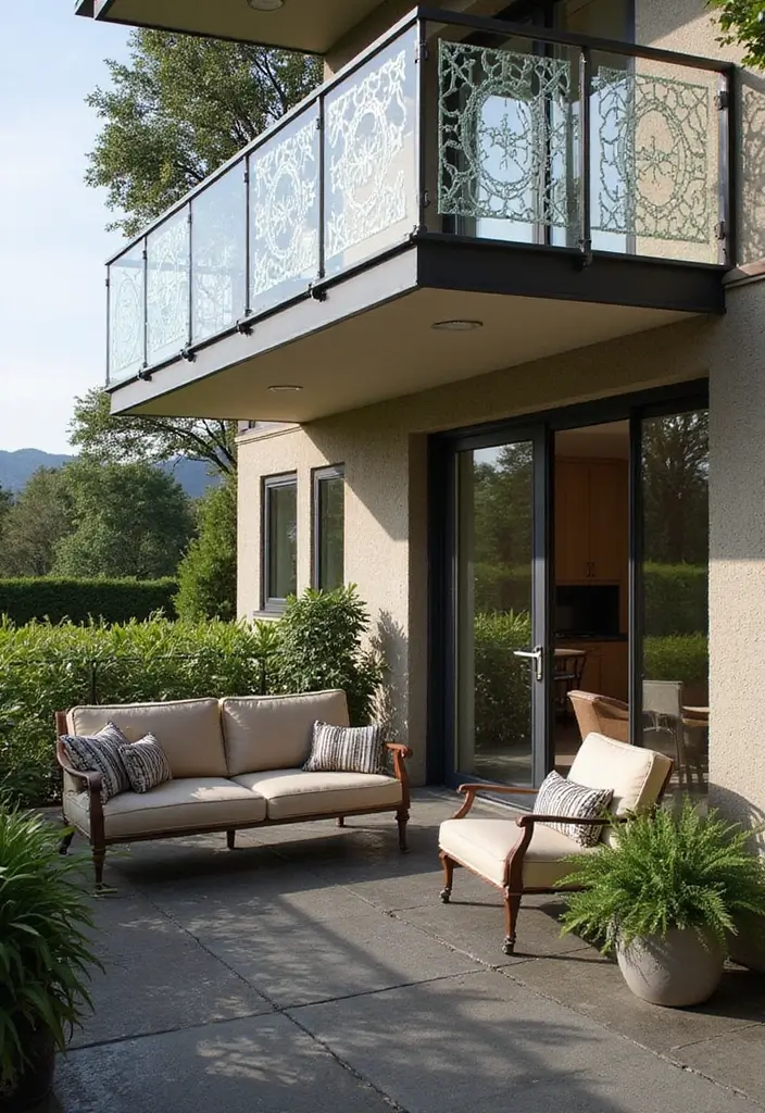 26 Sleek Balcony Glass Railing Designs for Modern Homes - 12. Decorative Glass Designs