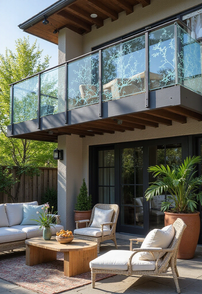 26 Sleek Balcony Glass Railing Designs for Modern Homes - 23. Artistic Glass Railings