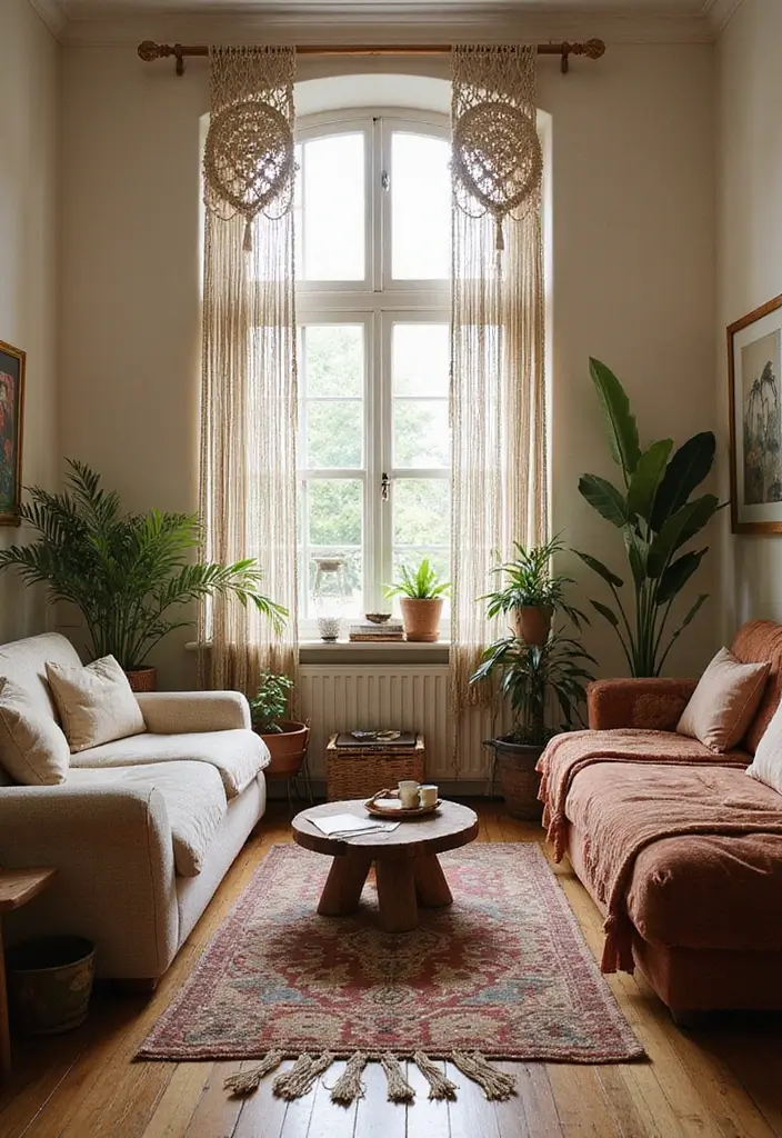 27 Elegant Living Room Curtains to Elevate Your Space - 13. Boho Chic with Macrame Elements