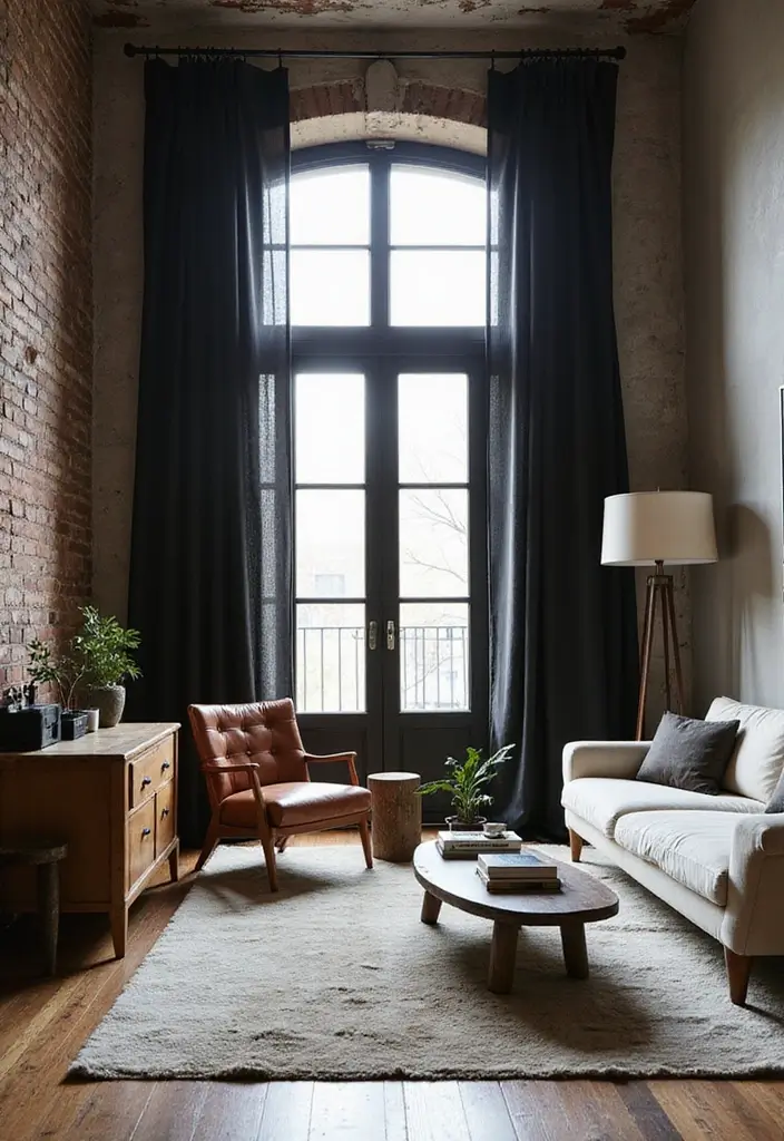 27 Elegant Living Room Curtains to Elevate Your Space - 15. Industrial-Style Curtains for a Modern Edge