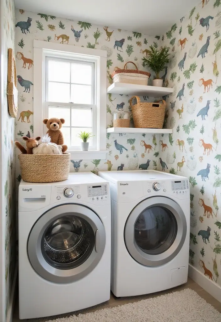 28 Trendy Wallpaper Ideas for Your Laundry Room Makeover - 13. Whimsical Wildlife