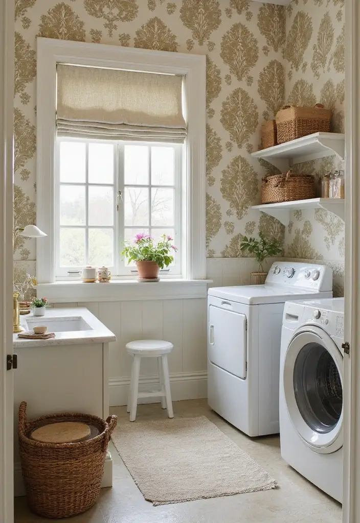 28 Trendy Wallpaper Ideas for Your Laundry Room Makeover - 20. Classic Damask
