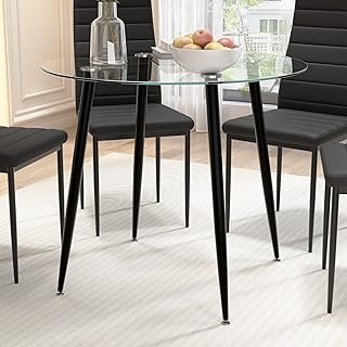 Tempered Glass Dining Table 32 Inch Round Kitchen Table with Black Metal...