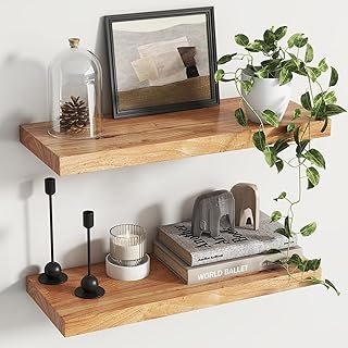 Rustic Elm Wood Floating Shelves for Wall, Flat Edge 24