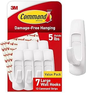 5 lb Large Utility Hooks, 7 Wall Hooks and 12 Command Strips, Damage-Fre...