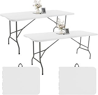 2 Pack 6 FT Folding Tables White Foldable Table, Fold-in-Half with Carry...