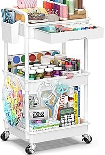 3 Tier Rolling Cart with Drawer, Bathroom Storage Organizer with 2 Locka...