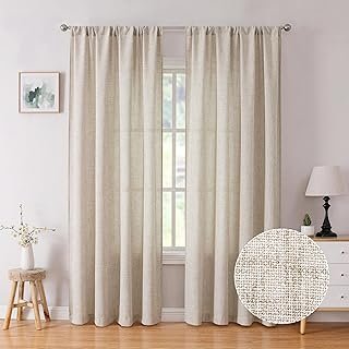 Tollpiz Linen Curtain Bedroom Rod Pocket Semi Sheer Curtains Burlap Ligh...