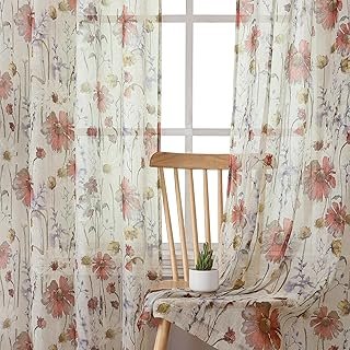 OWENIE Crushed Sheer Curtains 84 Inch Length 2 Panels Set, Sheer Floral ...