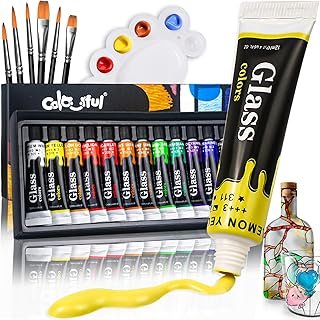 Colorful Acrylic Glass Paint Set with 6 Brushes, 1 Palette, 12 Colors St...