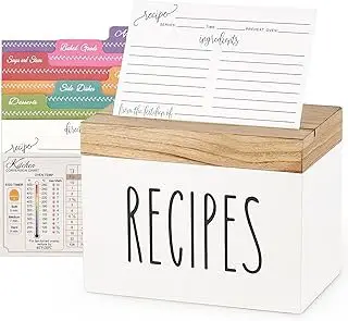 Dahey Wooden Recipe Box White Recipe Organizer with 100 Recipe Cards and...