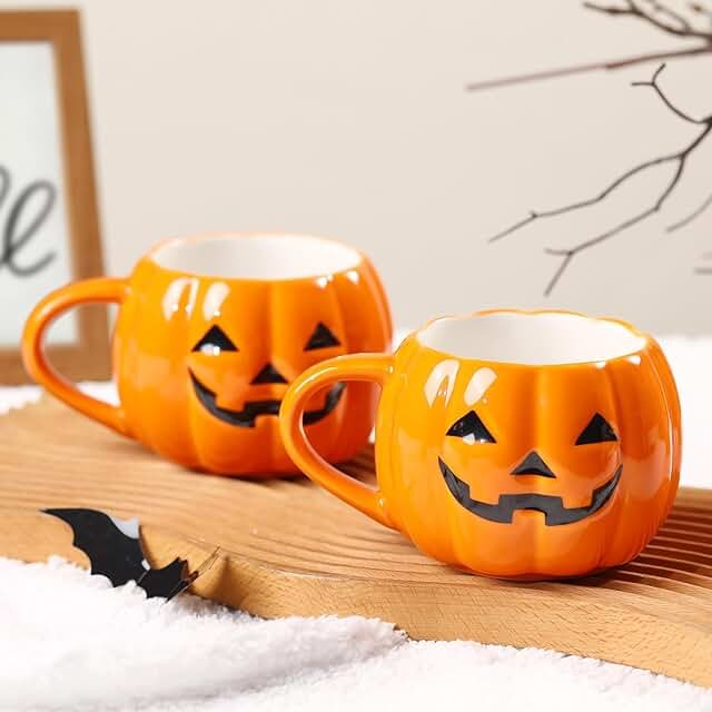 2 PACKS Halloween Pumpkin Mug Set 14 oz-Cute and Spooky Ceramic Coffee M...