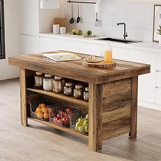 LITTLE TREE 55 Inches Kitchen Island with Storage, 3-Tier Farmhouse Wood...