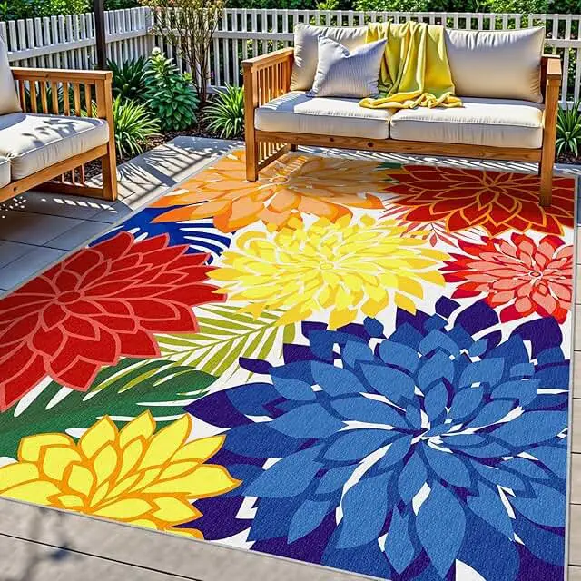 Indoor Outdoor Area-Rug Washable Multicolored Patio Rug Tropical Botanic...
