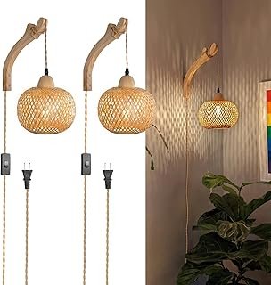 Frideko Bamboo Wall Sconces Set of Two Plug in, Boho Wall Lamp with Plug...